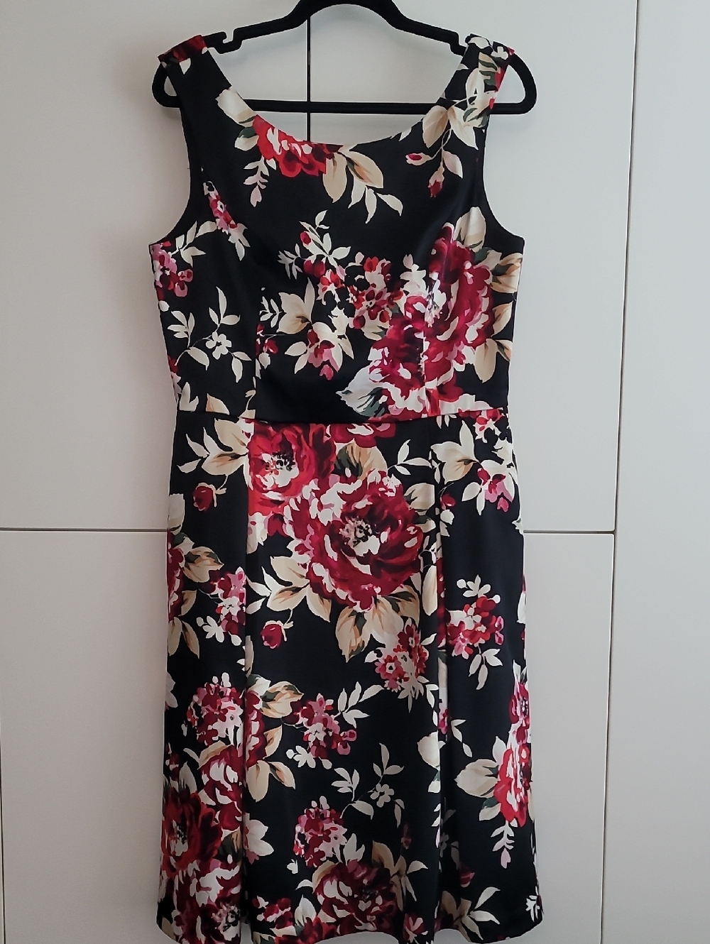 White House Black Market Black Midi Dress with Red and Cream Floral Print